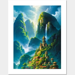 Waterfall Over a Lovely Fantasy Village Posters and Art